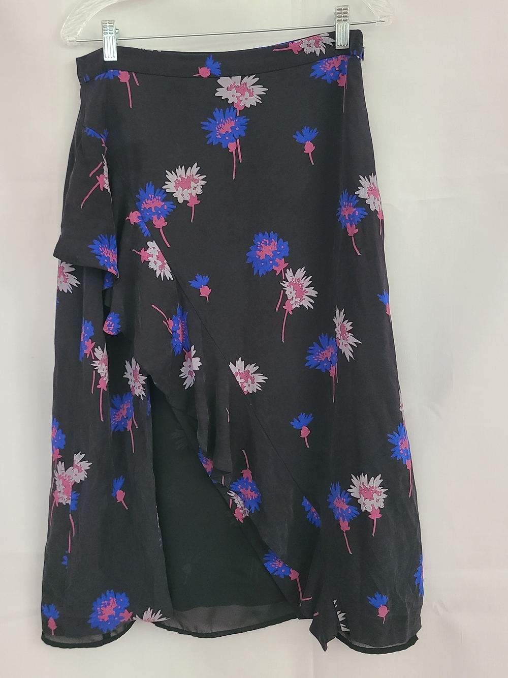 Tanya Taylor Sz 8 Black Blue Gray Floral Silk Front Slit Ruffle Trim Midi Skirt